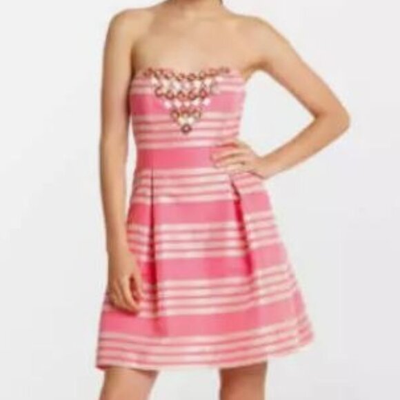 Lilly Pulitzer Size 0 Sami-Ryan Dress Pink Metallic Stripe Strapless - Picture 1 of 11